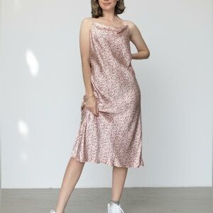 Bebe Satin Slip Midi Dress Ditsy Floral Print Strappy Soft Pink Kawaii Girl